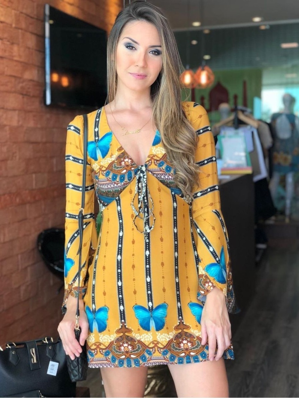 Farm Rio Brazil Mustard Yellow Butterfly Tie-Front Boho Women's Dress - Picture 3 of 11